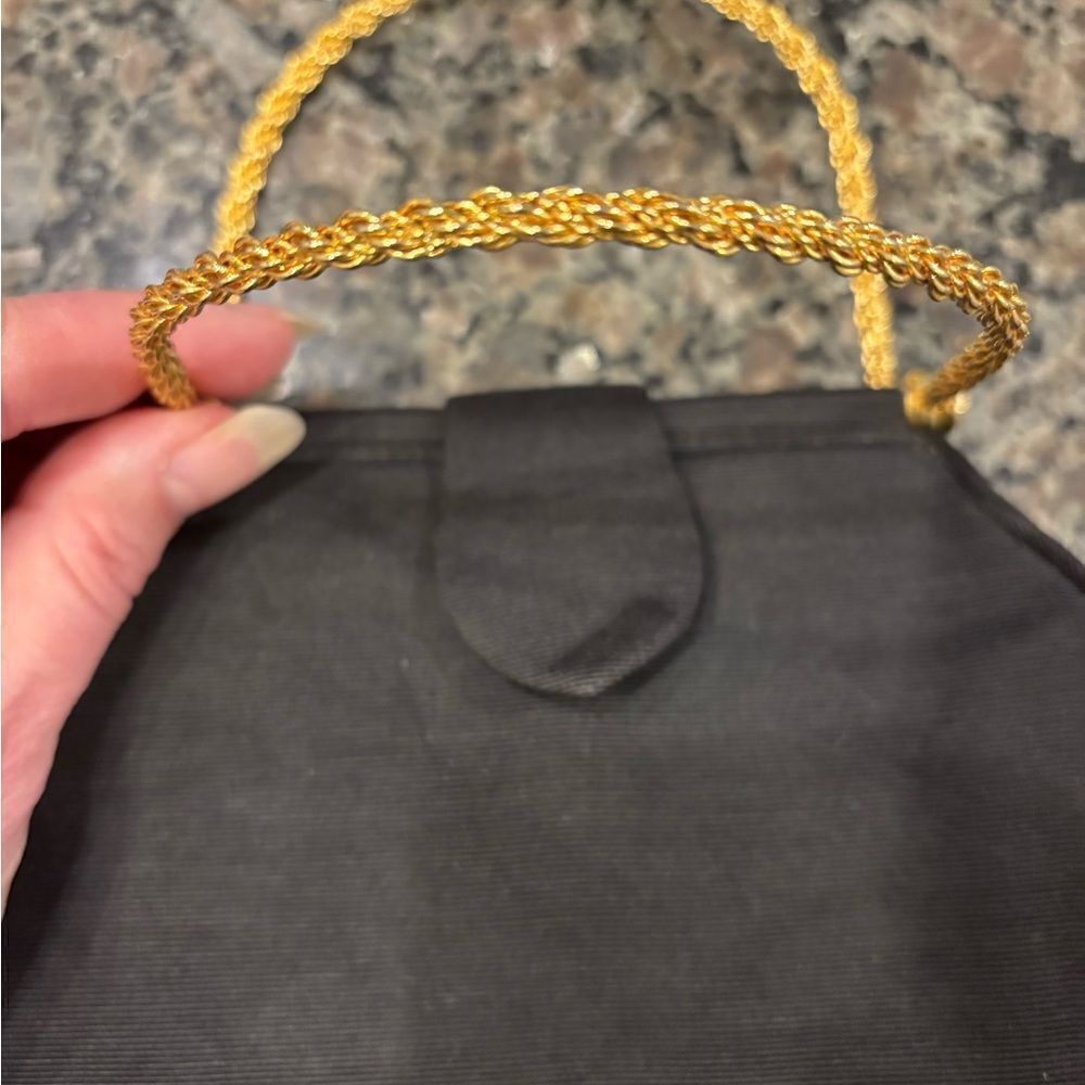 Whiting & Davis Vintage Evening Bag Gold Tone Handles Long Black Strap - Picture 2 of 7